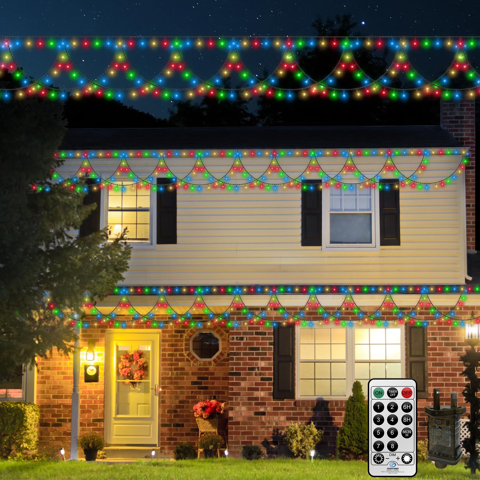 CORST 10M 380LED Window Eaves Light Outdoor Fairy Lights Plug in,Hanging Half-Round Roof Curtain Fairy String Lights with Remote,Timer,Connected,Dark Green Wire,Waterproof for Outside(RGB)