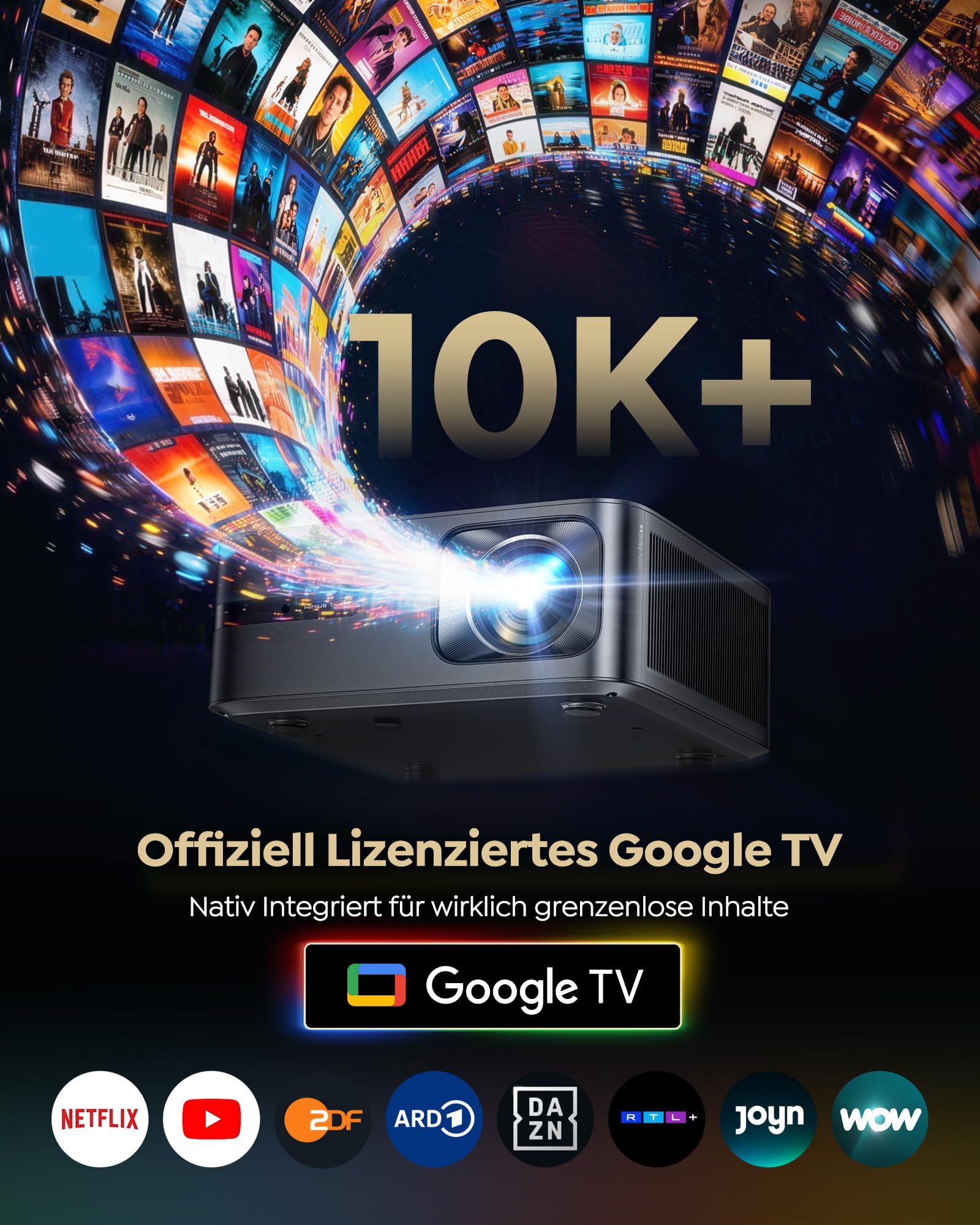 Beamer 4K mit Google TV 14.0, 2200 ANSI, MEMC, HDR10, 40W Dolby Audio, 4K Beamer Heimkino KI-Bildanpassung Smart Projektor Google Sprachsteuerung 2-Wege Bluetooth 5.4 WiFi6 2+32GB HDMI 2.1 2