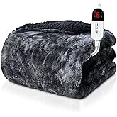 Easthome Electric Heated Throw Blanket - Faux Fur Sherpa 50"x60" Fast Heating Bed Blankets Throw with 6 Heating Levels & 4 Hours Auto Off, Over-Heat Protection ETL, Black
