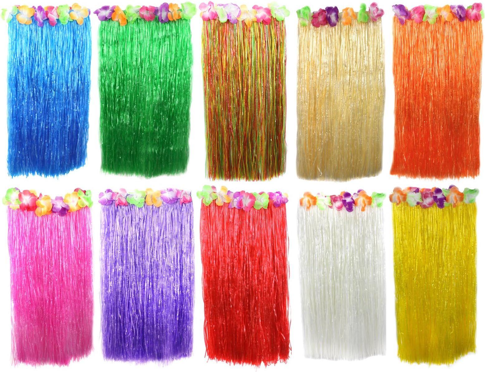 LONG HAWAIIAN HULA SKIRT 80CM WITH FLOWERS LUAU FANCY DRESS BEACH PARTY COSTUME - 10 COLOURS AVAILABLE