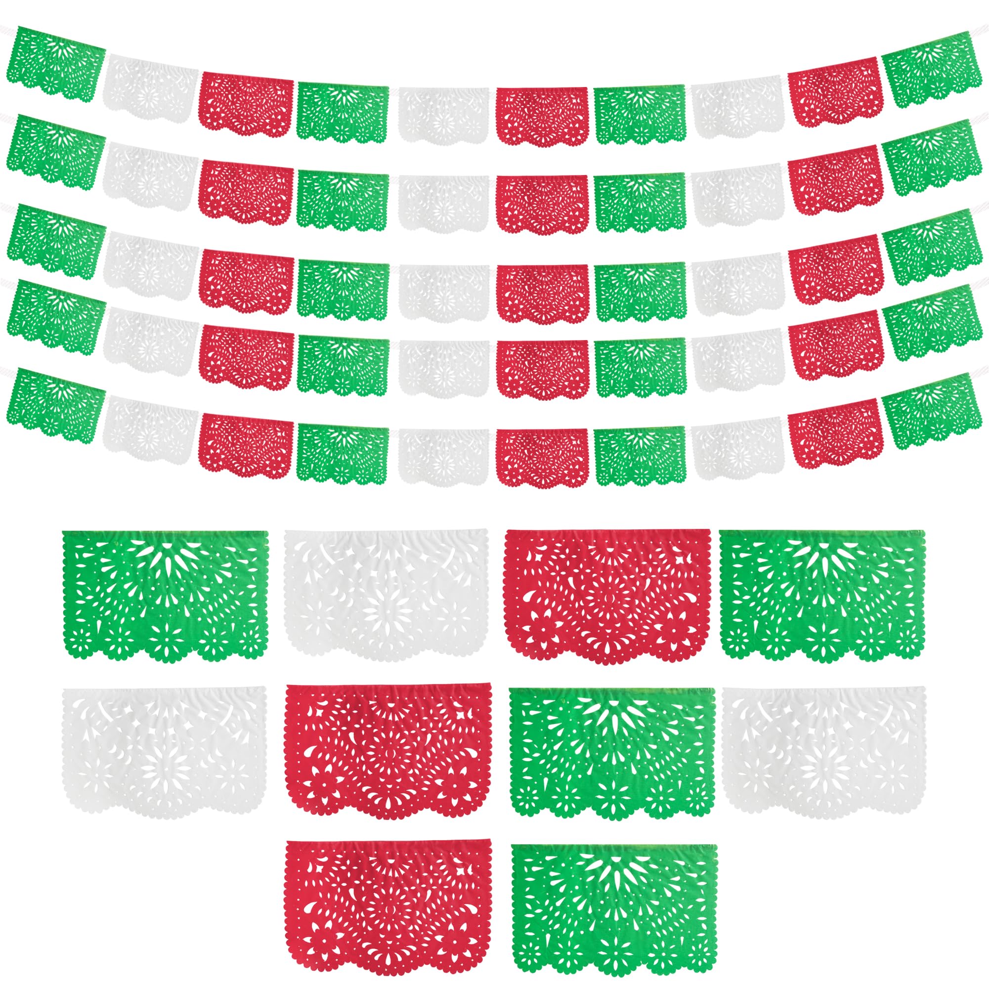 Photo 1 of **PARTIAL SET/ MISSING PIECES** Party Banners Tricolor (5 Pack - 10 Tissue Paper Flags per Banner/Not Plastic) - Papel Picado Green White Red - Papel Picado Mexicano para Fiesta - Mexican D écor