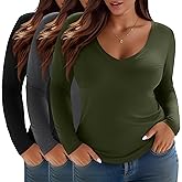Evervibe 3 Pack Women's Plus Size Shirts, Deep V Neck Long Sleeve Tops Slim Fit Cotton Blend T-Shirts Casual Basic Layer Tee
