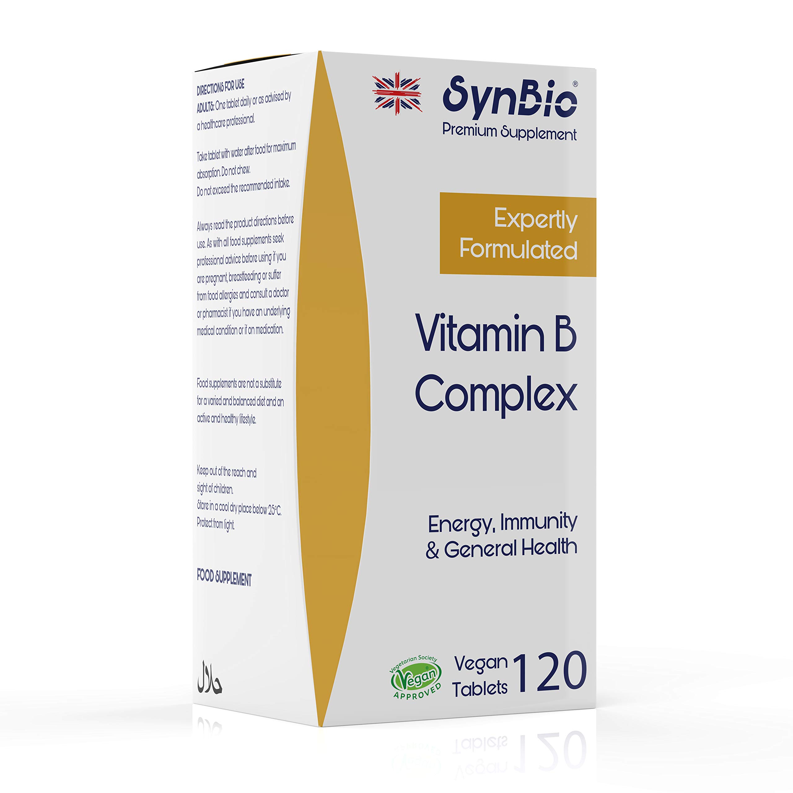 SynBio Premium - Vitamin B Complex | 120 Tablets | Vegan | Free from Dairy, Egg, Gelatine, Gluten, Nut/Peanuts | Comprehensive B-Vitamins for Energy Boost & Optimal Wellness | UK Manufactured