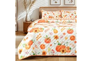 Yinhua 3 Pieces Fall Quilt King Size, Pumpkin Quilt Bedding Set with 2 Pillow Shams, Reversible Buffalo Plaid Quilts Sets Soft Lightweight Thanksgiving Day Bedspread Coverlet, 96"x106", Orange