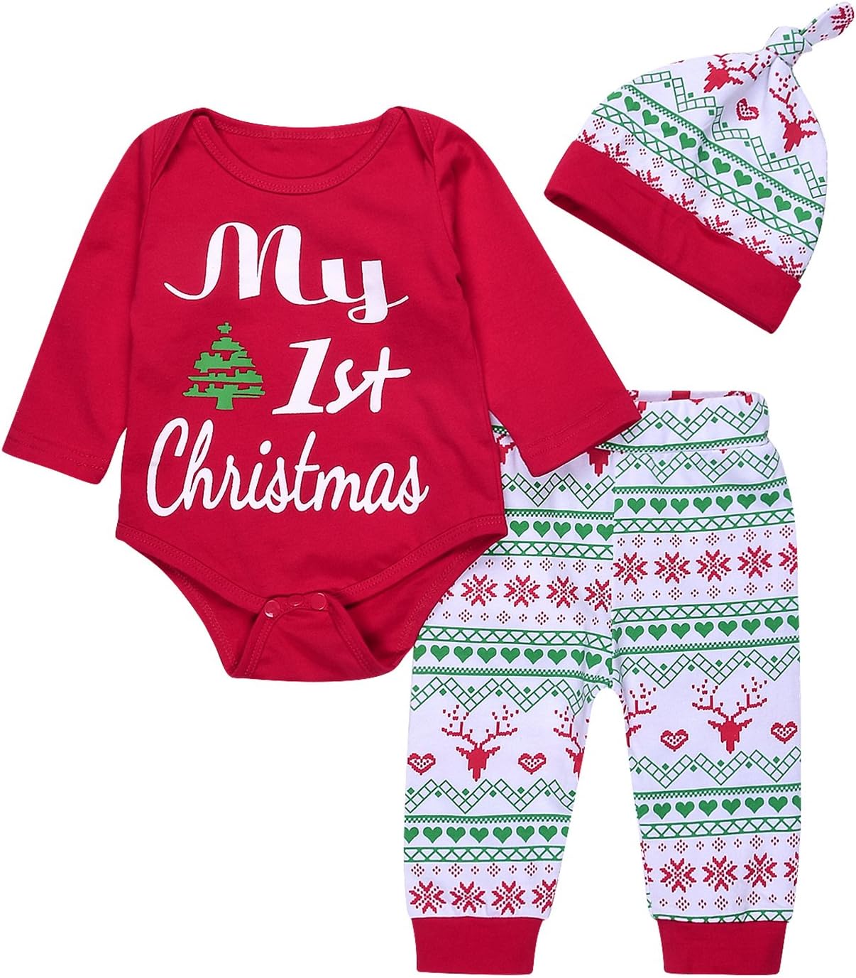 Nowimcute Christmas Outfit Set Baby Girls Boys My First Christmas Rompers Pants Hat Clothes