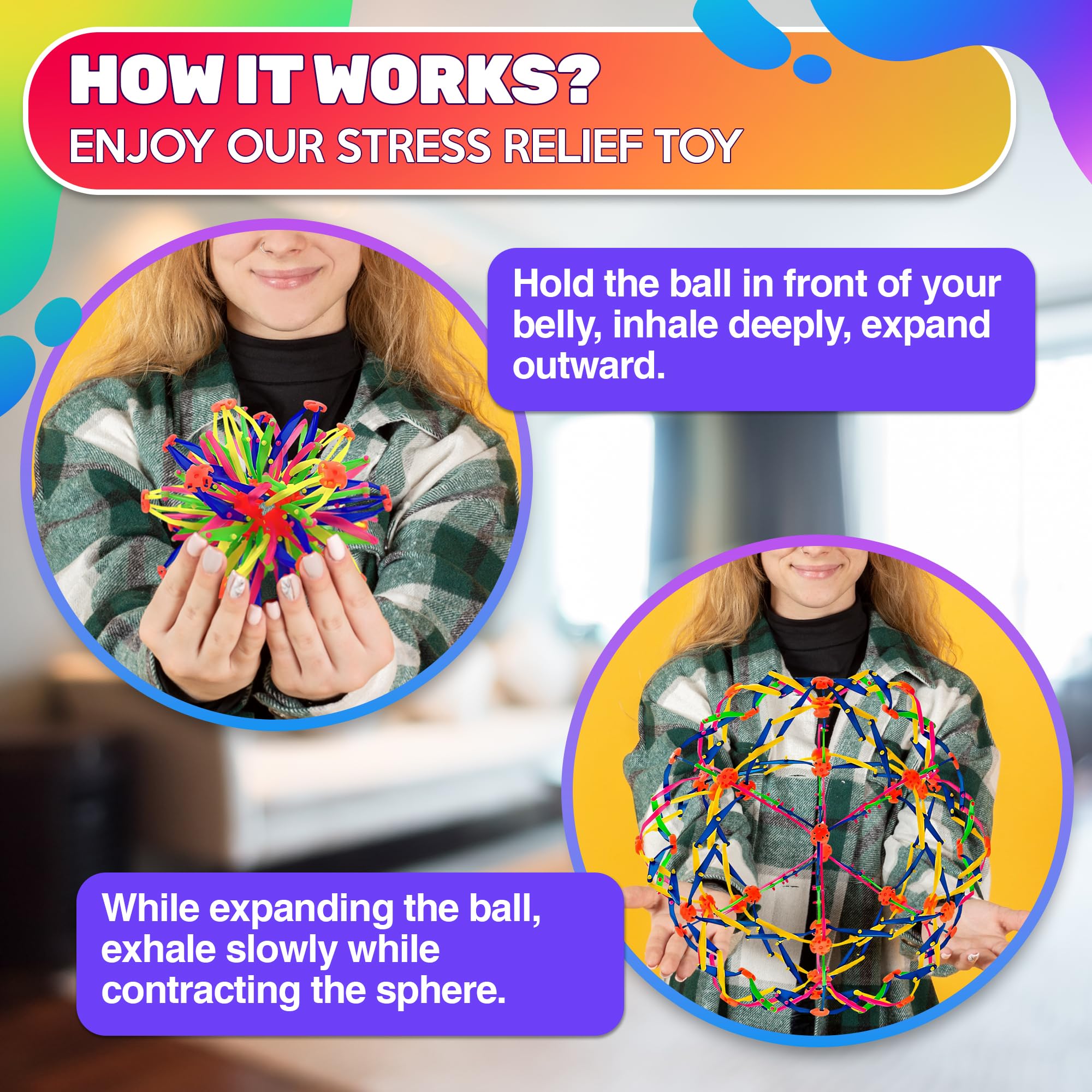 Expandable Breathing Ball for Stress Relief - from 5.5 to 10.2 inch Expandable Ball Sphere with Smooth Edges and Colorful Design - Weatherproof and Odor-Free Breathing Toy for Breathwork Exercises