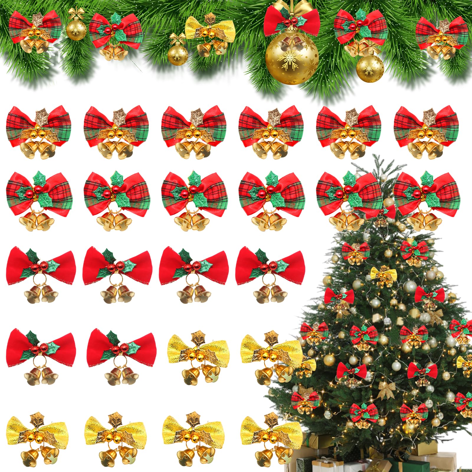 24pcs Christmas Bows with Bells Christmas Tree Bows,Christmas Decorative Bows Xmas Wreaths Bows Decorations,Christmas Bows for Christmas,Xmas Tree Bow Bells Set,Christmas Decorations