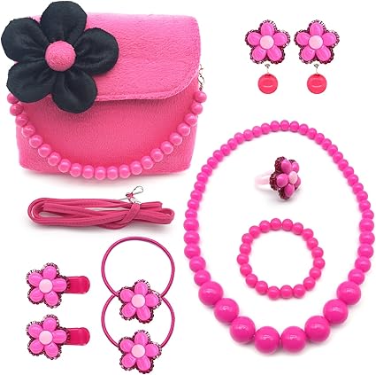 Elesa Miracle Little Girl Handbag Beauty Set Kids Plush Handbag + Flower-shaped Clip-on Earrings Rings Hair Clips and Hair Ties + Necklace and Bracelet Set (Hot Pink)