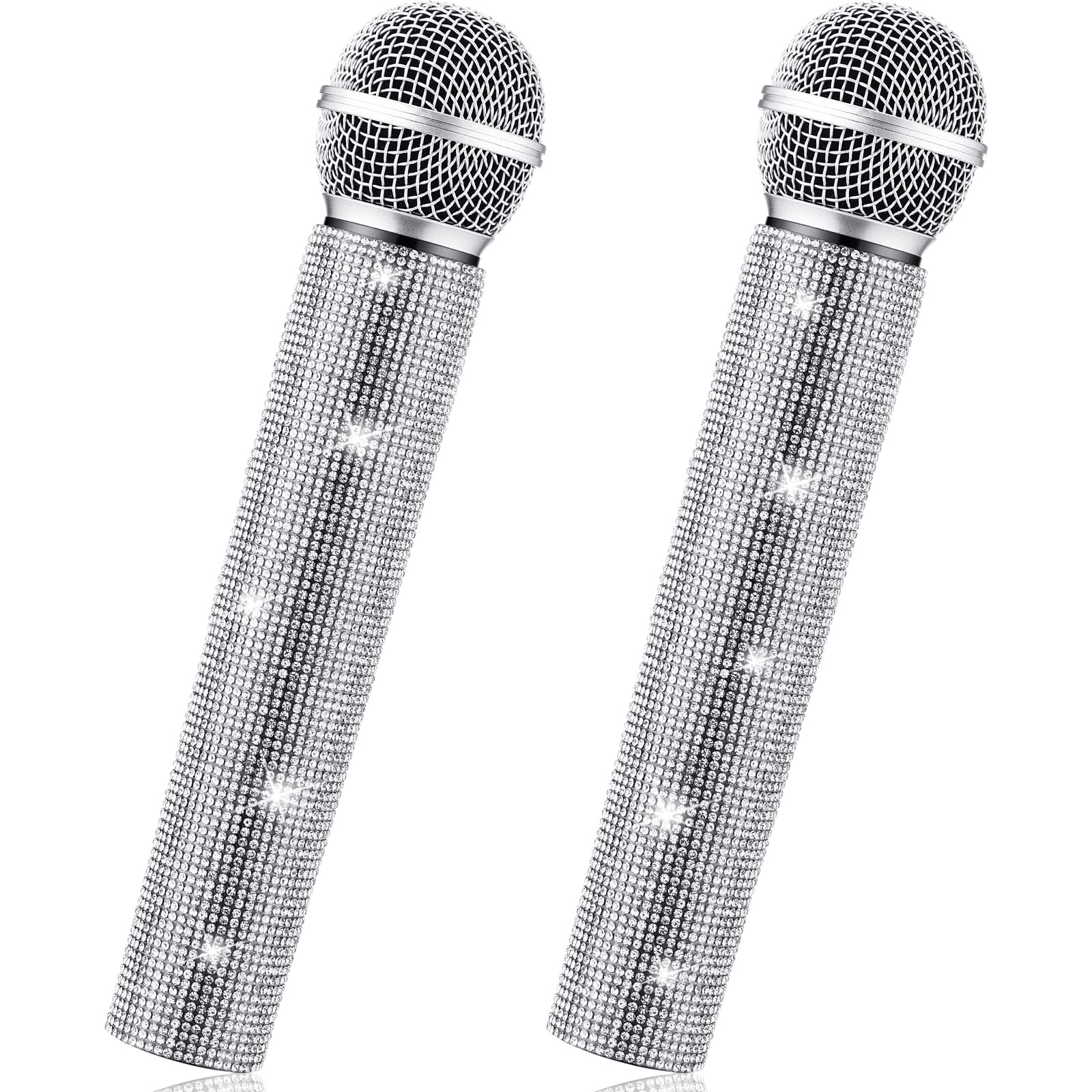 Photo 1 of Threan 2 Pcs Fake Microphone Prop Halloween Toy Sparkly Glitter Rhinestone Bling Pretend Plastic Play Microphone Toy Mic Novelty Party Favor for Halloween Cosplay Party Costume(Silver)