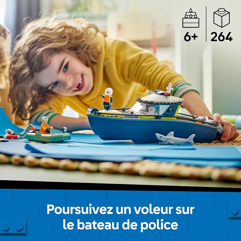 City Police Boat Chase Set - INCL. 2 Boat Toys, 3 Minifigures & a Shark Animal Figure - Gift for 6+ Year Old Boys & Girls - 60456