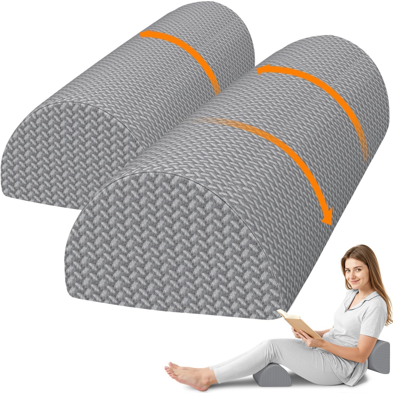 Large Knee Pillow for Side Sleepers, Half Moon Memory Foam Bolster Pillow for Legs,Ergonomic Design Wedge Elevation Pillow for Side & Back Sleeping,Under Knee Support,Foot,Ankle, Lumbar,Gray - 2 Pack