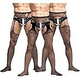 Newcotte Men's Sissy Pantyhose Black Sexy Lingerie Lace Fishnet Thigh High Stocking with Suspender for Man Cross-dresser
