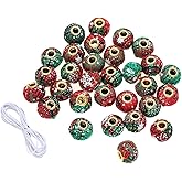30Pcs 0.59in Christmas Beads, Handmade Fabric Beads, Xmas Spacer Bead for Bracelet Necklace Jewelry Making and Handicrafts Accessories (Red + Green)