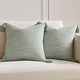 Meekio Set of 2 Sage Green Pillow Covers 18x18 with Tassels, Linen Look Decorative Throw Cushion Covers for Sofa Couch, Farmhouse Boho Living Room Home Decor