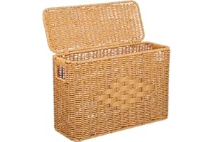 JOINPAYA Imitation Rattan Narrow Tall Woven Storage Basket with Lid 14.9x10.4x5.89in Handwoven Organizer Bin
