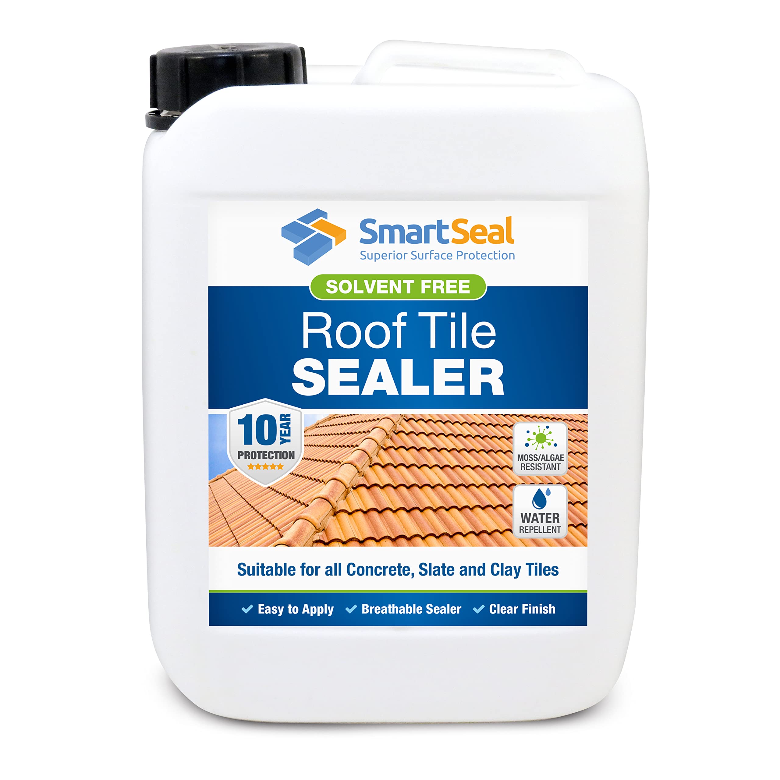 SmartSeal Roof Tile Sealer - 5L - Breathable Clear Roof Sealer. Solvent-Free Clear Sealant that Helps Prevent Moss, Mould, Algae & Lichen Growth on Concrete, Slate & Clay Tiles