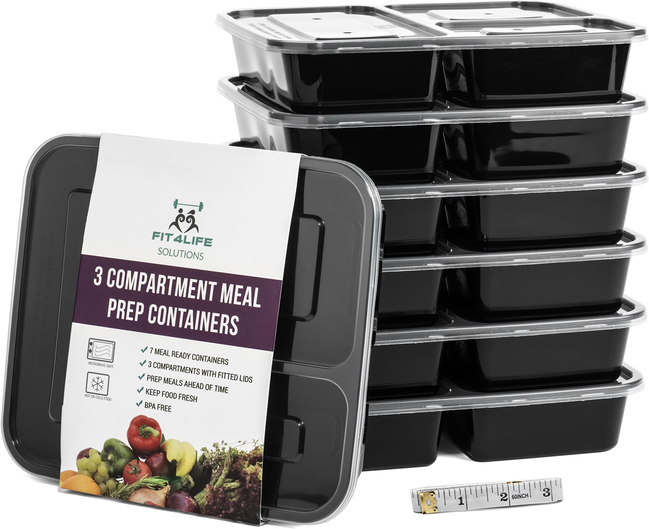 MEAL PREP CONTAINERS - 3 Compartment - 7 Pack - Reusable Plastic Meal Prep Food Storage Containers With Lids, Bento Style Lunch Box with 2 Bonuses: Measuring Tape and Meal Prep - Recipe Ebook