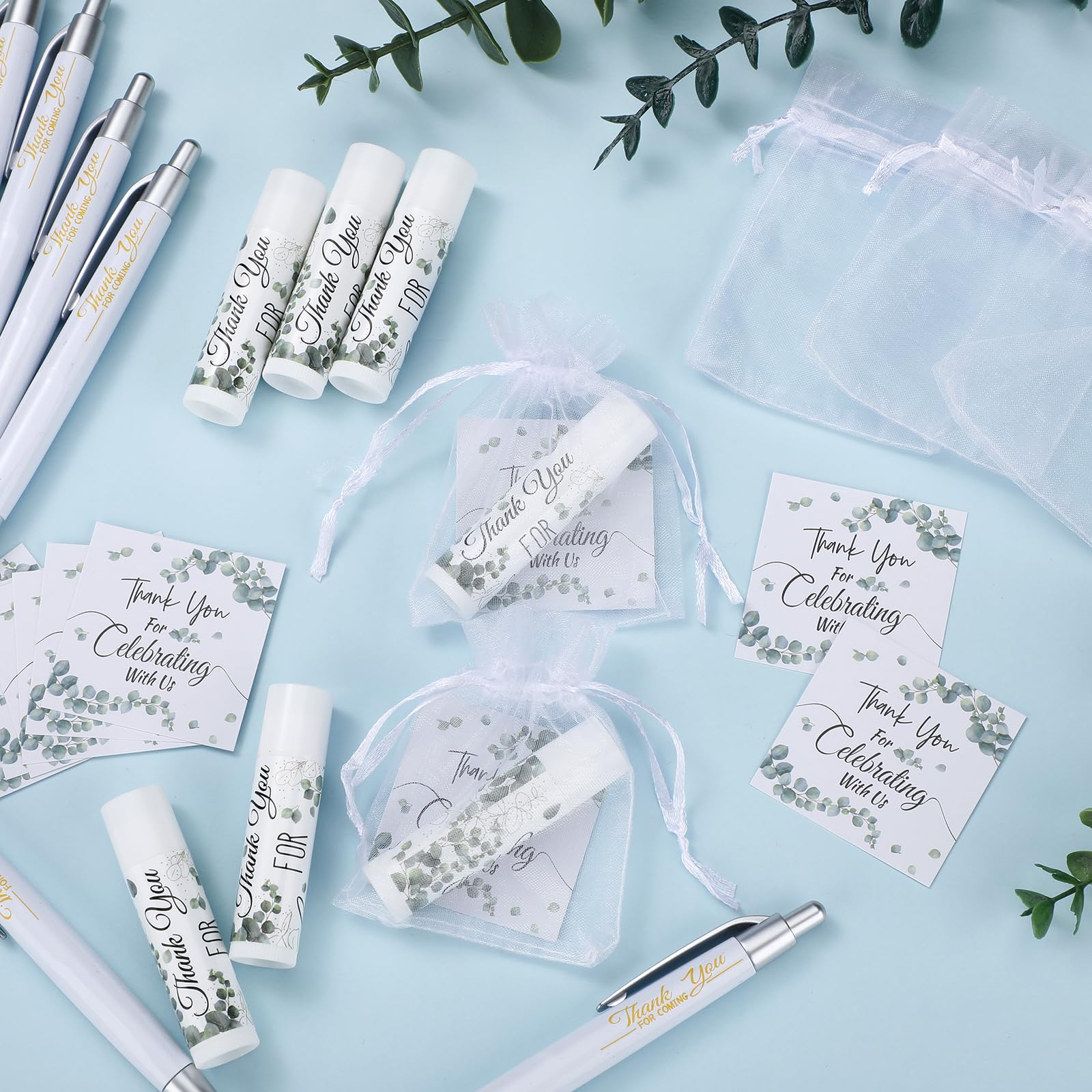 50 Set Bulk Thank You Combo Gifts Include Lip Balms Appreciation Ballpoint Pen Thank You Card Organza Drawstring Gift Bag Pouch for Wedding Parties Baby Shower Favors, Eucalyptus Leaves Style