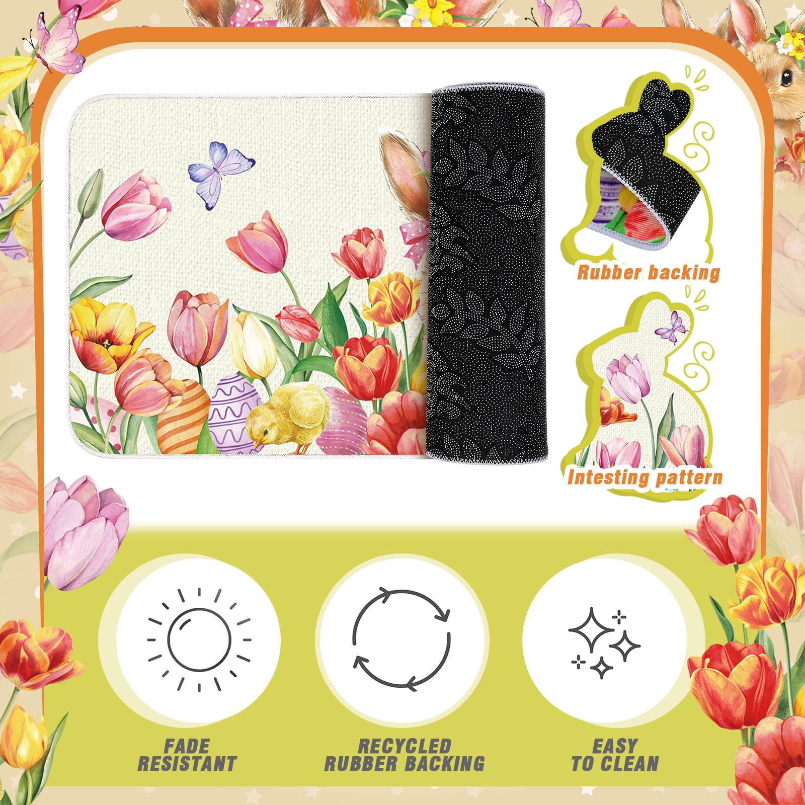 Tinideya Easter Bunny Kitchen Rugs and Mats Set of 2 Rabbit Egg Non Slip Floor Kitchen Mats Spring Colorful Home Decor Welcome Doormat for Spring Easter Home Decorations, 17x29 and 17x47 Inch - Image 5