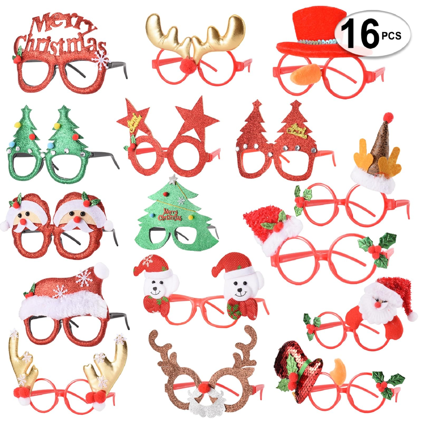 SEVEN STYLE 16 PCS Christmas Holiday Glasses for Kids & Adults,Cute Christmas Glasses Frames,Fun Christmas Party Favors Festive Decorations & Trinkets, Perfect for Goodie Bag Stuffers ，Photos booth
