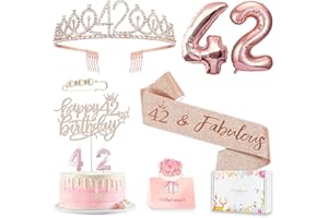 AWFRKY 42nd Birthday Decorations for Her Women, Including 42 year old Birthday Cake Topper,Queen Sash with Pearl Pin, Sweet Rhinestone Tiara Crown, Number Candles and Balloons Set, Rose Gold