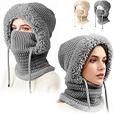 3 in 1 Beanie Hat for Women, Womens Balaclava Winter, Upgraded 3-in-1 Cold Knitted Hats Wind Resistant Hooded Scarf