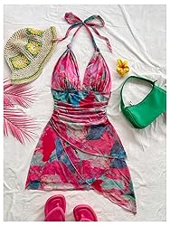 BEAUDRM Women's Floral Print Sleeveless Halter Deep