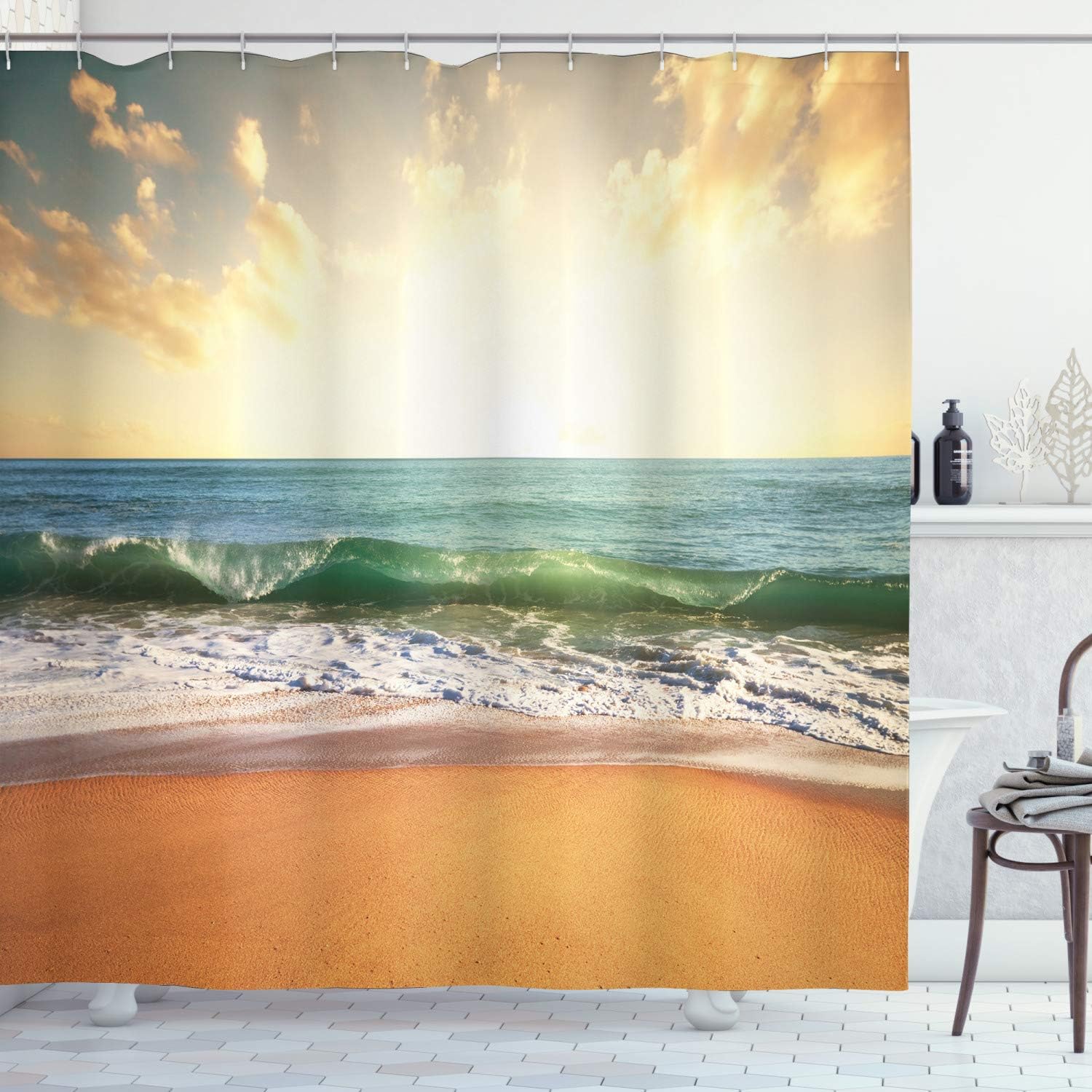 Ambesonne Ocean Shower Curtain, Sunset at a Smooth Sandy Beach with Small Wave and Bubbles from The Sea, Cloth Fabric Bathroom Decor Set with Hooks, 70
