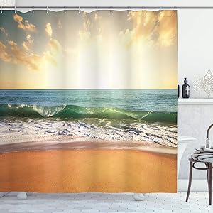 Ambesonne Ocean Shower Curtain, Sunset at a Smooth Sandy Beach with Small Wave and Bubbles from The Sea, Cloth Fabric Bathroom Decor Set with Hooks, 70