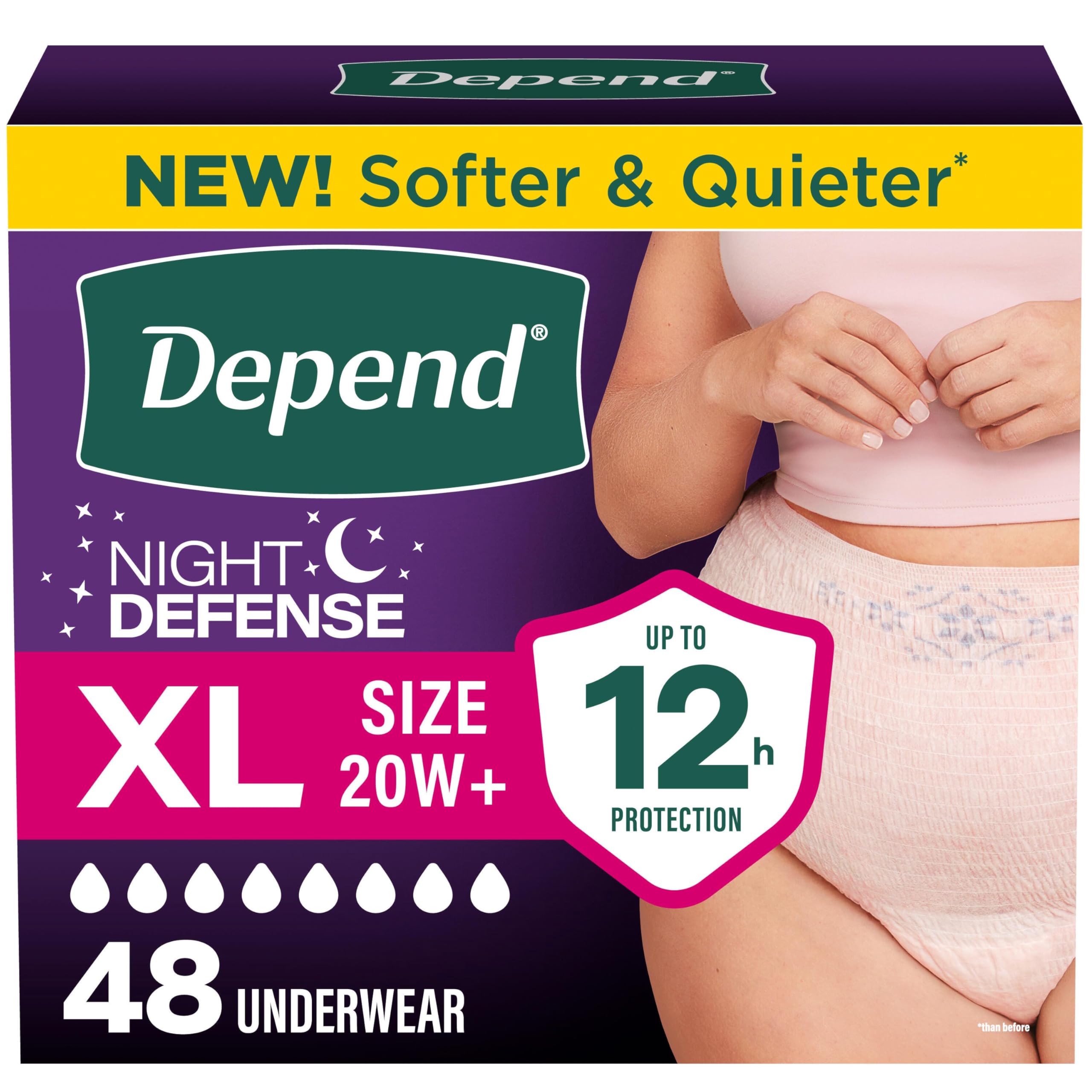 Depend Night Defense Adult Diapers, Incontinence & Postpartum Bladder Leak Underwear for Women, Disposable, Overnight, XL, Blush, 48 Count (4 Packs of 12), Packaging May Vary
