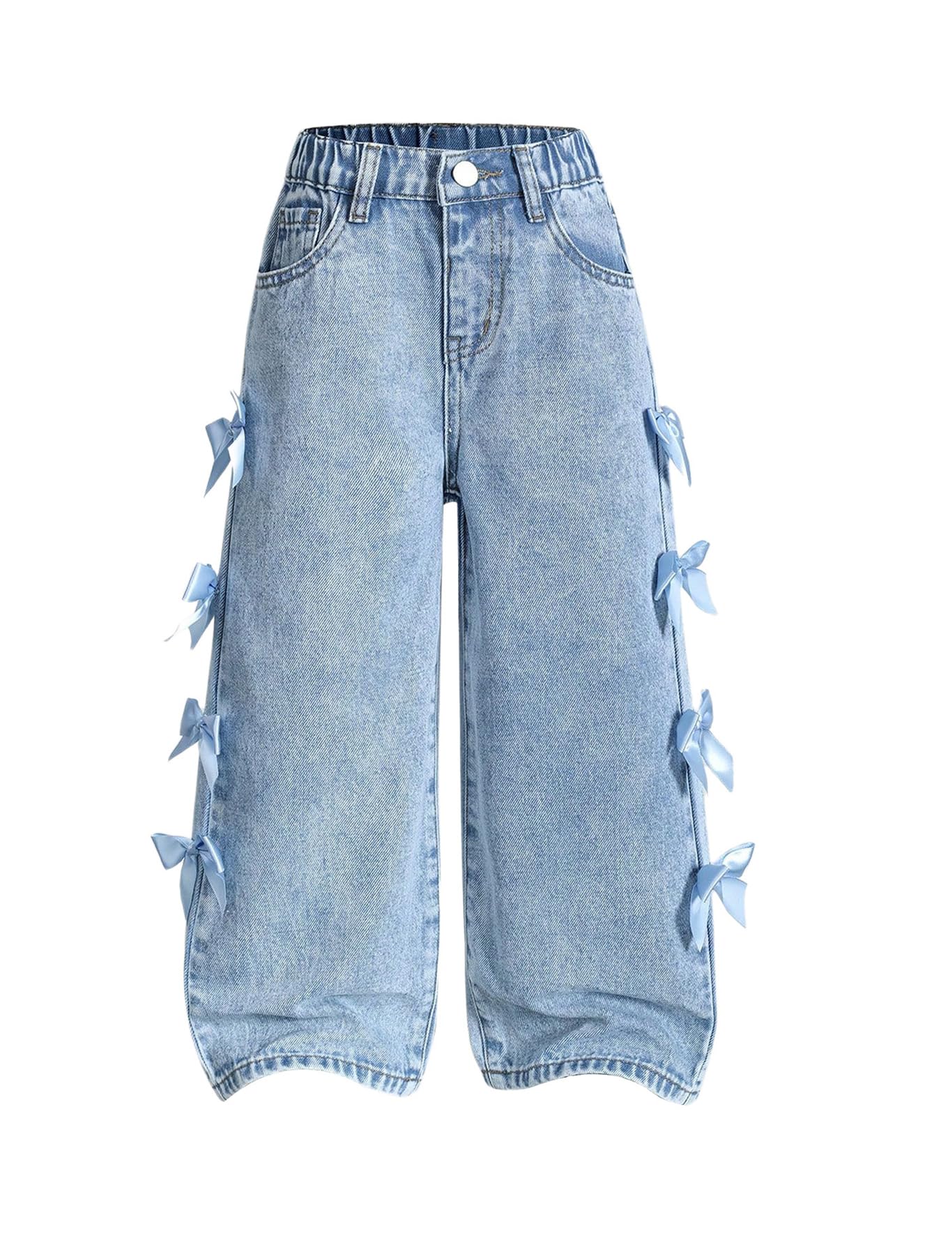Photo 1 of WDIRARA Toddler Girl's Y2k Bow Jeans Elastic High Waisted Wide Leg Denim Pants Light Wash 7Y