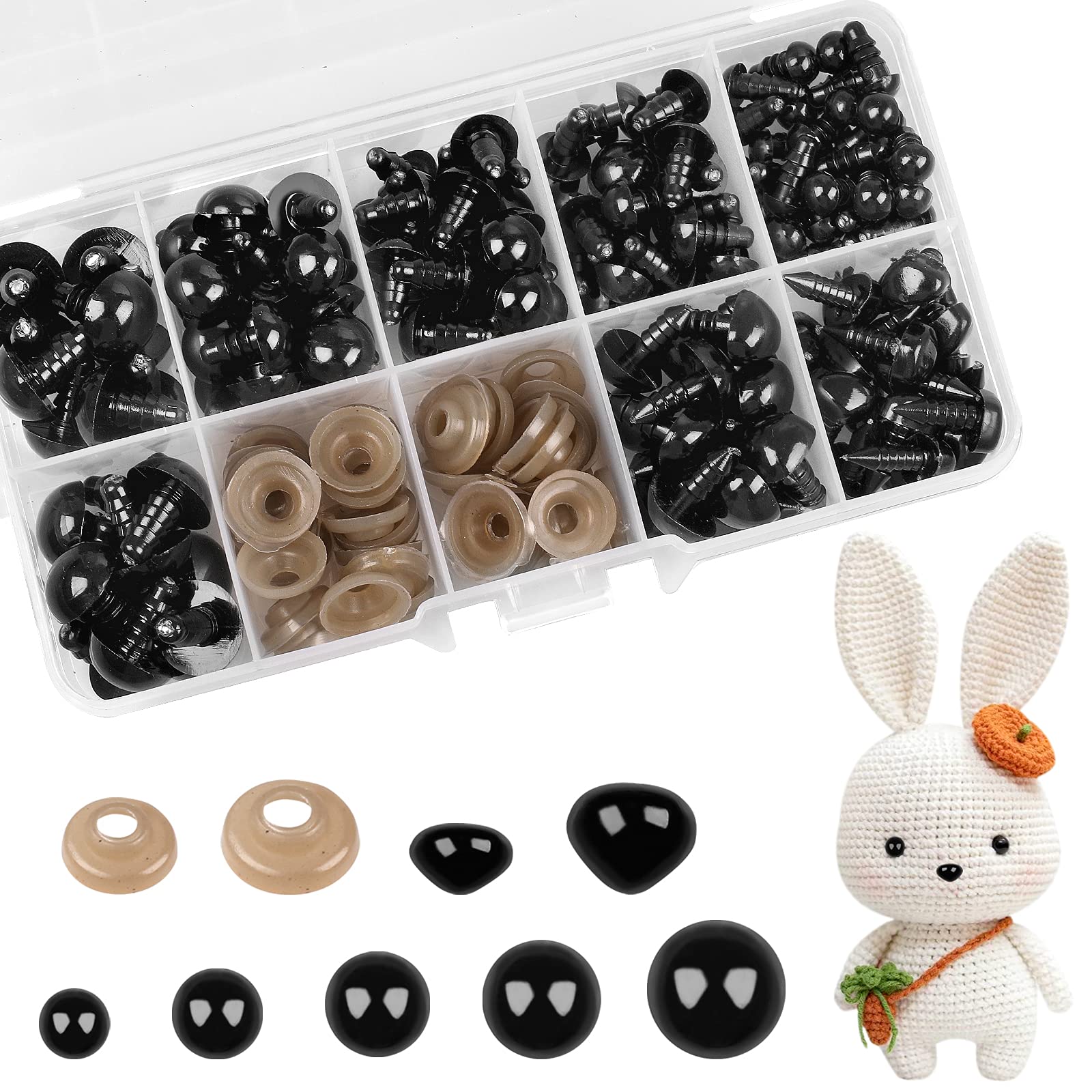 SONEER Safety Eyes for crochet toys,135pcs Doll Eyes and Noses,Craft teddy bear eyes with Washer for Toy Making DIY Crafts(Black,6-12 mm)