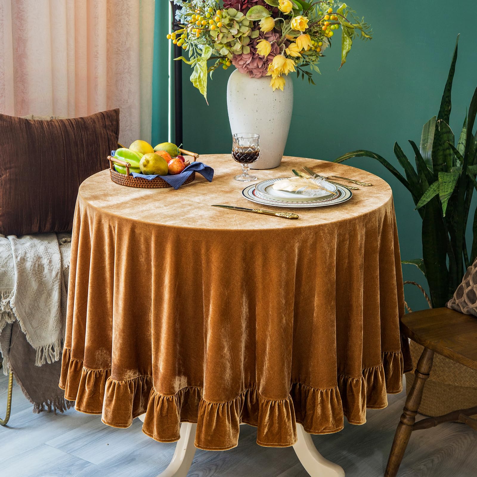 Photo 1 of GLORY SEASON Velvet Tablecloth Luxurious Solid Round Table Cloth,Oblong Retro Farmhouse Ruffle Tablecloths Washable Table Cover for Party Wedding Baby Shower Kitchen Dinning Tabletop Decoration
