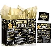 Yoirrat Black Gold 65th Birthday Gifts Bag Vintage 1961 Gift Bags with Greeting Cards 65th Birthday Wrapping Paper Bag for Women Man 65 Year Old Party Supplies