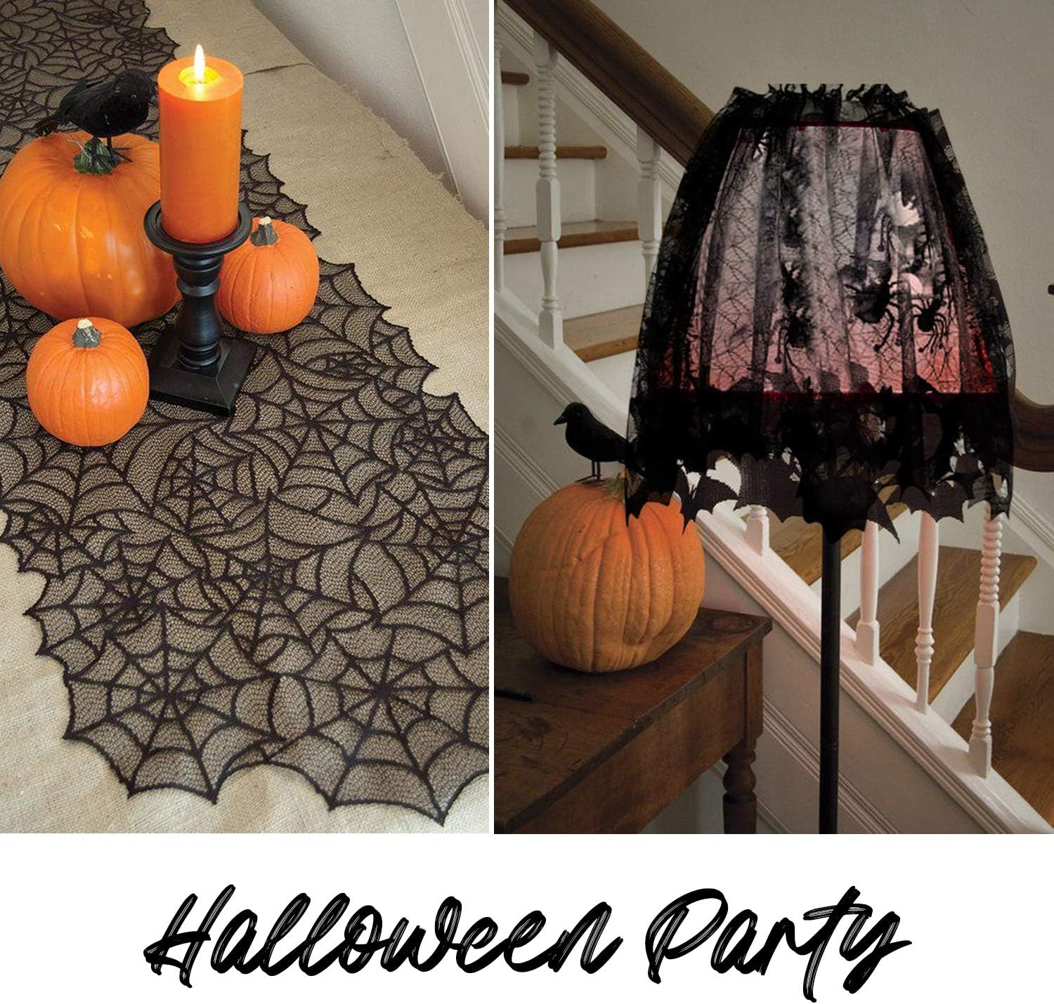 Beeager 5 Pack Halloween Spider Decorations Sets -Halloween Fireplace Mantel Scarf & Round Table Cover & Lace Table Runner & Cobweb Lampshade & 60 pcs Scary 3D Bat for Halloween Party Decors: Furniture & Decor