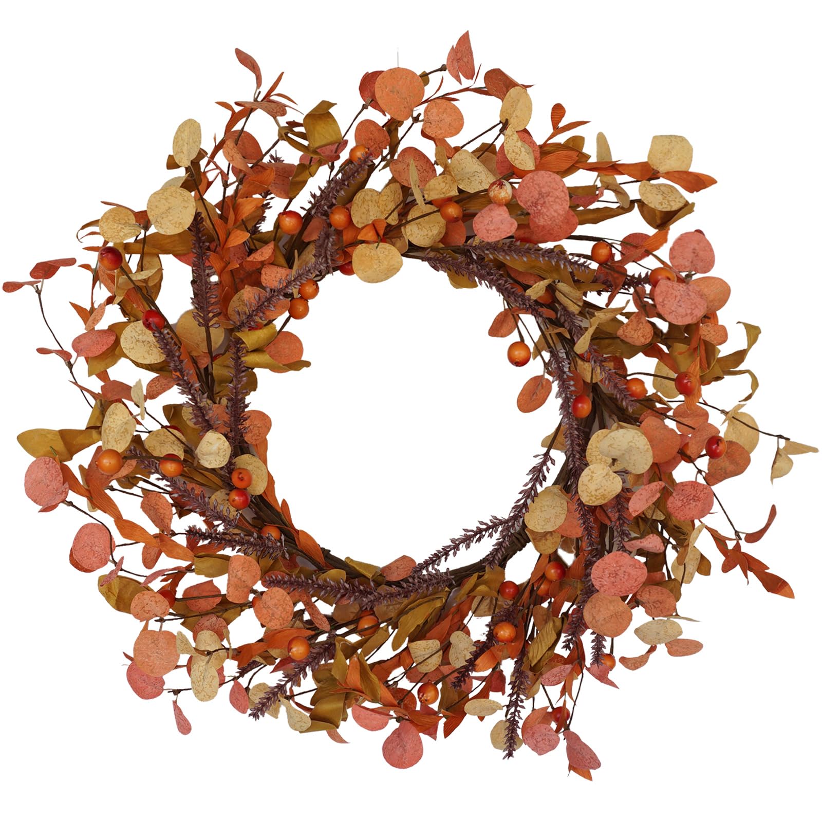 Photo 1 of 20 Inch Fall Wreath for Front Door Autumn Decor with Orange Eucalyptus Leaves Rustic Thanksgiving Harvest Wreaths Indoor Outdoor Hanging Home Decor
