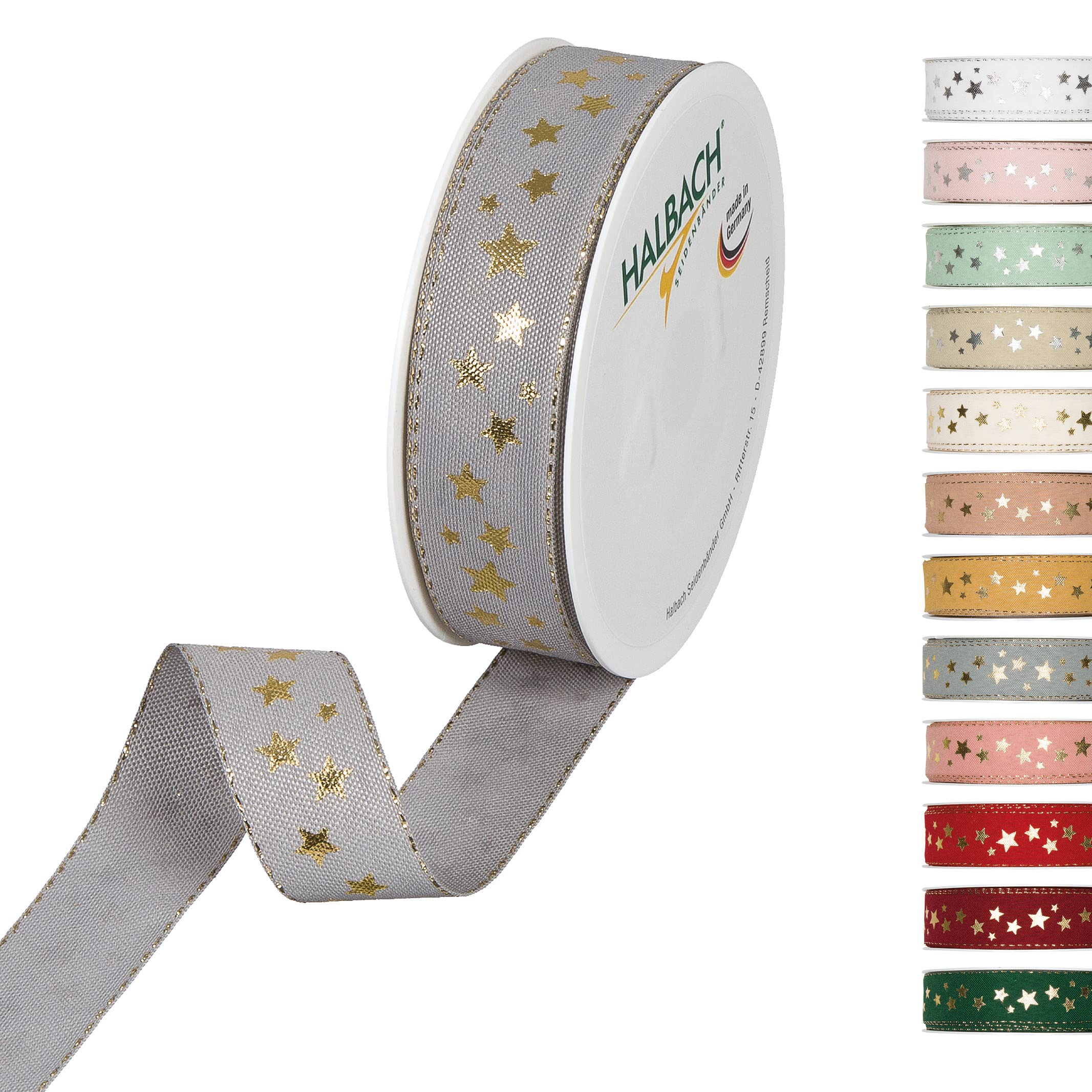 Halbach Seidenbänder 295 Stars Gift Ribbon Christmas Polyester Grey 2.5 cm