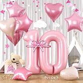 Pastel Pink 10 Balloons, Baby Pink 10 10th Number Balloons Set, Pink Foil Star Heart Balloon With Long Balloon For Girls Woman 10th 10 1 Years Old Birthday Party 1st Baby Shower Anniversary Decoration