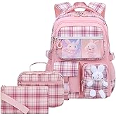 KBGPW 3pcs Girls Backpack With Lunch Box & Pencil Case,Cute Rabbit Kids School Backpack Set For Kindergarten & Elementary School (Style B Pink-16.5in)