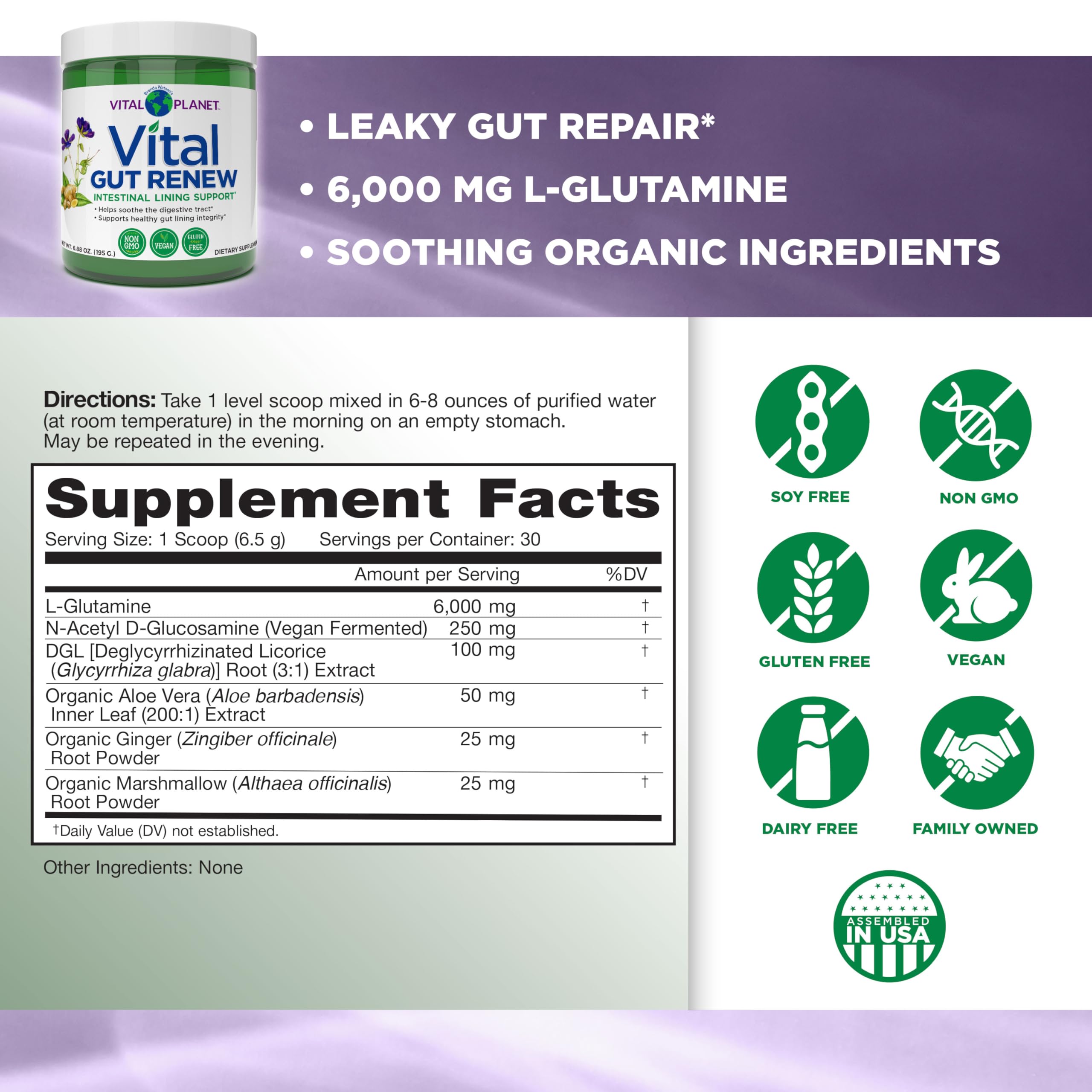 Vital Planet - Vital Gut Renew Powder Supplement for Leaky Gut Repair with L-Glutamine, Marshmallow and Ginger Root, DGL Licorice Root and Organic Aloe Vera, L Glutamine 6000mg 6.88 oz