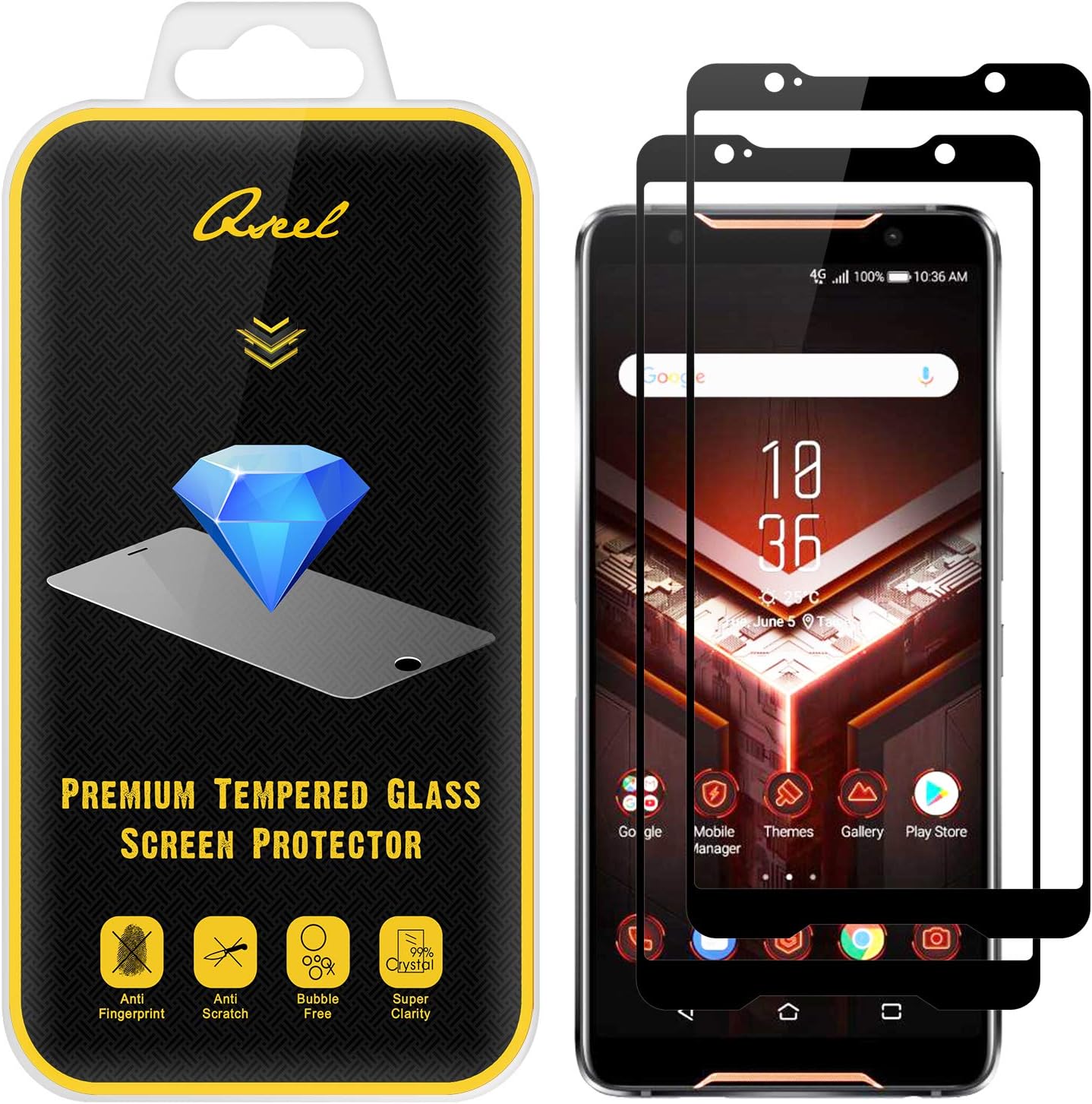 [2-Pack] QSEEL for Asus Rog Phone (ZS600KL) Tempered Glass Screen Protector, 9H Anti-Scratch Screen Guard Film with Arc Edge & Oleophobic Coating, 3D Touch Compatible (Rog Phone, Black)