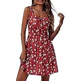 Loemes Women's Summer Cute Square Neck Mini Dress with Pocket Juniors Floral Sleeveless Tie Front Flowy Short Sundress