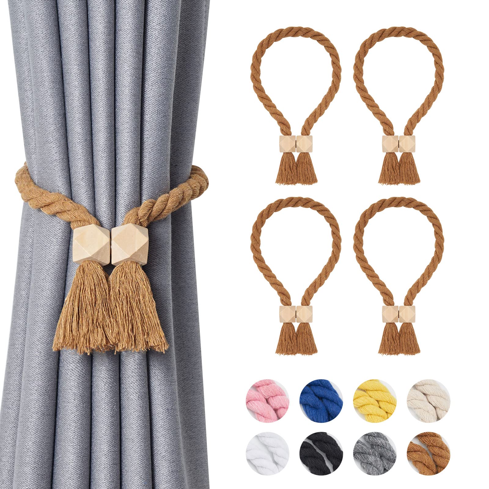Pretty Jolly 4 Pack Wooden Polyhedron Magnetic Curtain Tiebacks Boho Home Decor Drape Tie Backs Natural Cotton Hand Woven Rope Curtain Holdbacks for Home & Office Window Draperies (Light Coffee)
