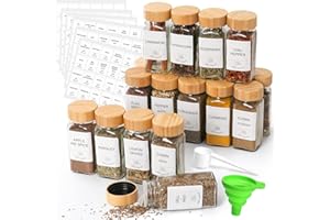 EkkoVla 16 Pack 4 oz Glass Spice Jars with Bamboo Lids, Empty Square Spice Containers with Blank＆Printed Spice Labels for Kit