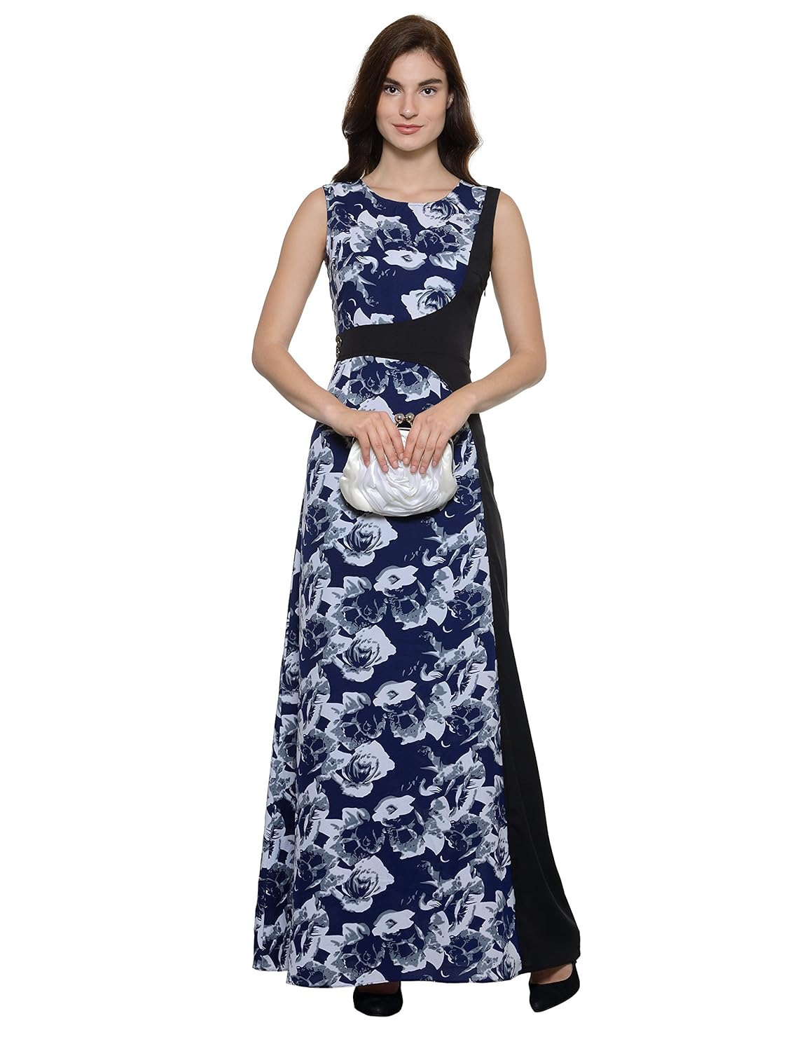 raas pr&ecirc;t women's crepe print asymetric maxi dress (blue,black)