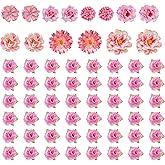 jiebor 60Pcs Mini Faux Flower Heads Small Artificial Tiny Fake Silk Fabric Roses Flower Heads Bulk for Crafts DIY Graduation Cap Party Home Wedding Decor (Pink)