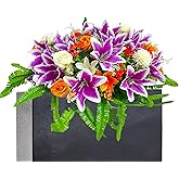 FLOWERIA Cemetery Flowers for Grave Artificial Funeral Flower Decorations Headstone Flower Saddle Realistic Vibrant Lilies and Roses, Easy Fit