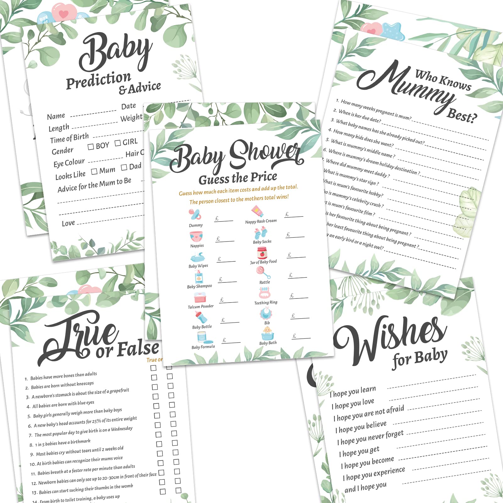 HOWAF Baby Shower Games, 50 x Baby Shower Games Cards Baby Prediction Cards, Who Knows Mummy Best, Guess The Weight Date, Neutral Unisex Baby Shower Party Games Baby Shower Decorations, 5 Baby Games