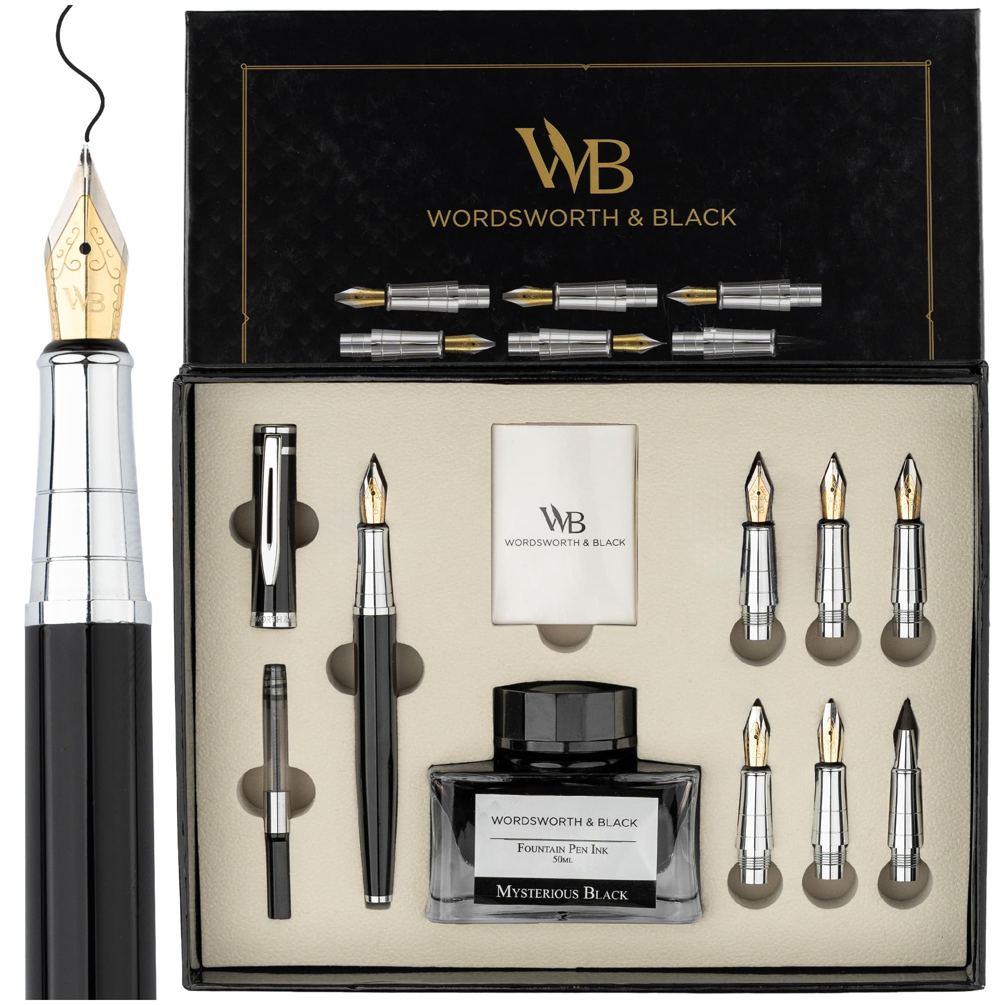 Wordsworth & Black Calligraphy Pen Gift Set, Includes Ink Bottle, 6 Ink Cartridges, A Refill Converter, 6 Replacement Nibs, Journaling, Smooth Writing Pens [Black Chrome]