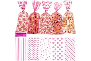 DIUEOLY Valentines Cellophane Treat Bags, 100PCS Valentines Candy Bags, Plastic Pink Valentines Cookies Bags Goodie Bags Gift Bags with Purple Twist Tie for Valentines Baby Shower Holiday Party Favor Supplies